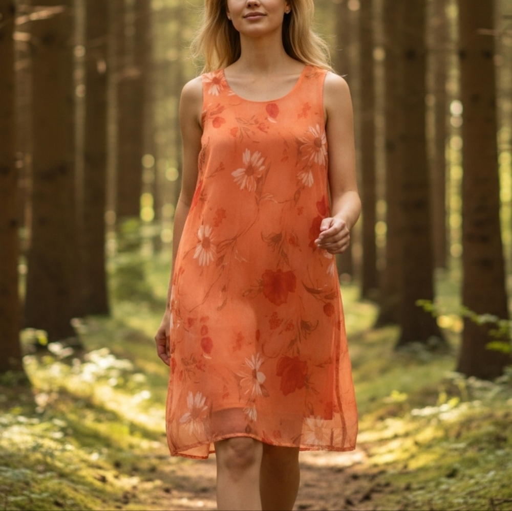 Fiorlini Sheer Orange Floral Sleeveless Scoop Neck Fully Lined Shift Dress Sz 20